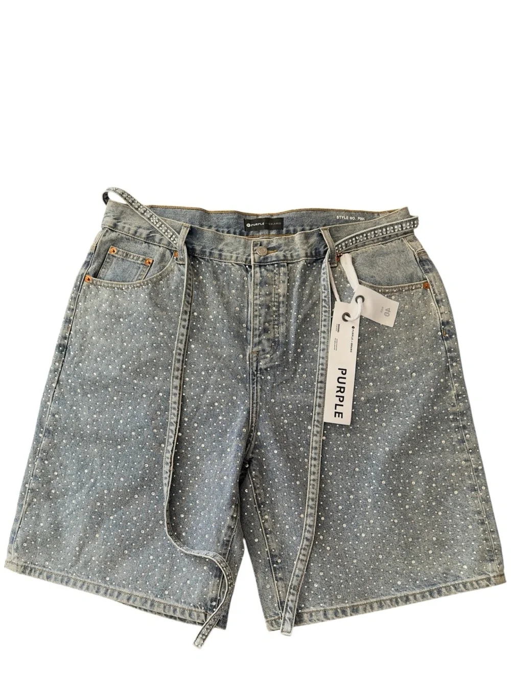 Purple Brand Light Wash Rhinestone Denim Shorts - Blue